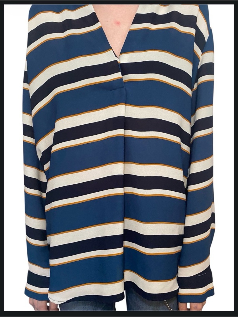 Ann Taylor Striped V-Neck Blouse in Blue, Navy, White and Gold
